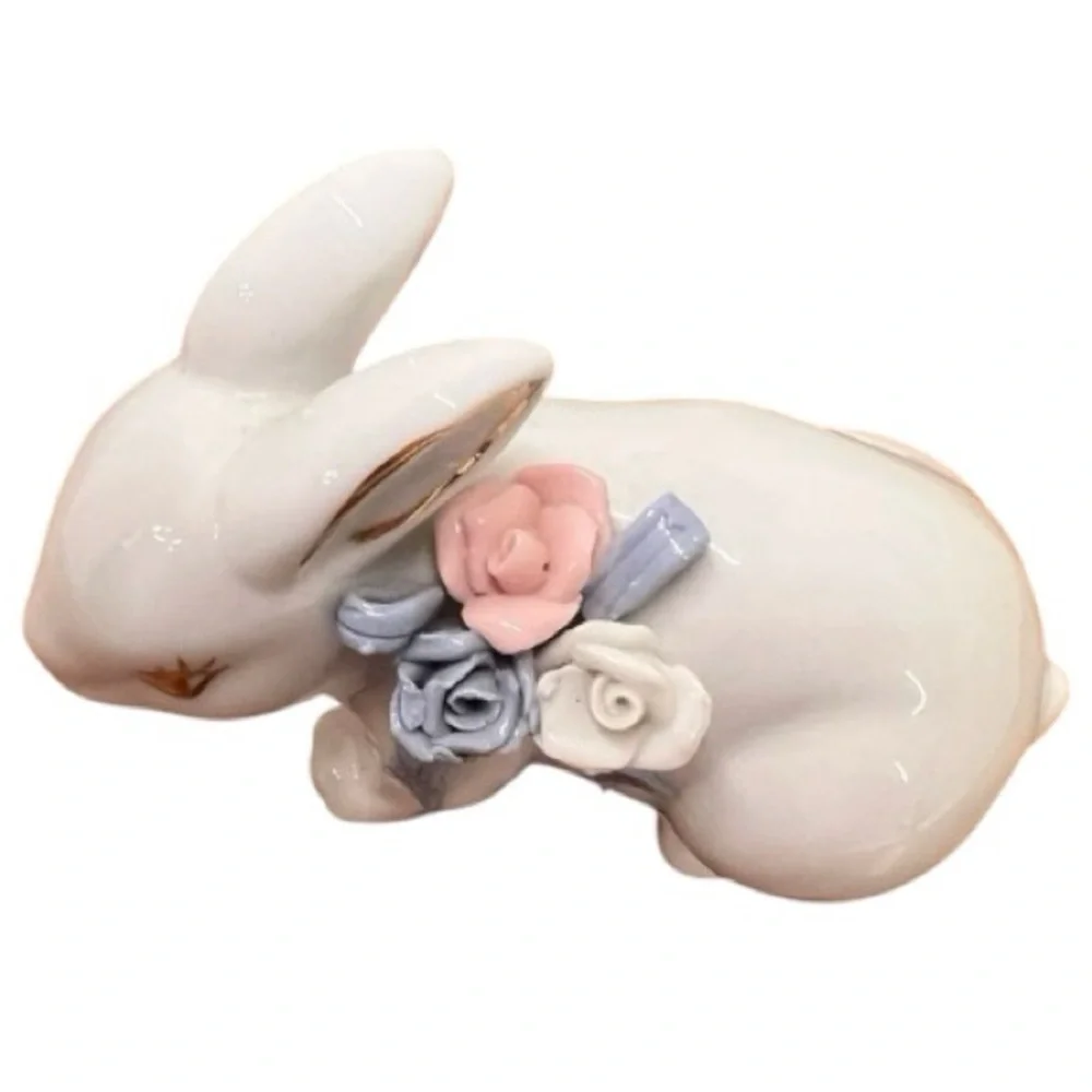 Vintage Porcelain Bunny Floral Rose Bow Cottage Core Farmhouse Mid Century White